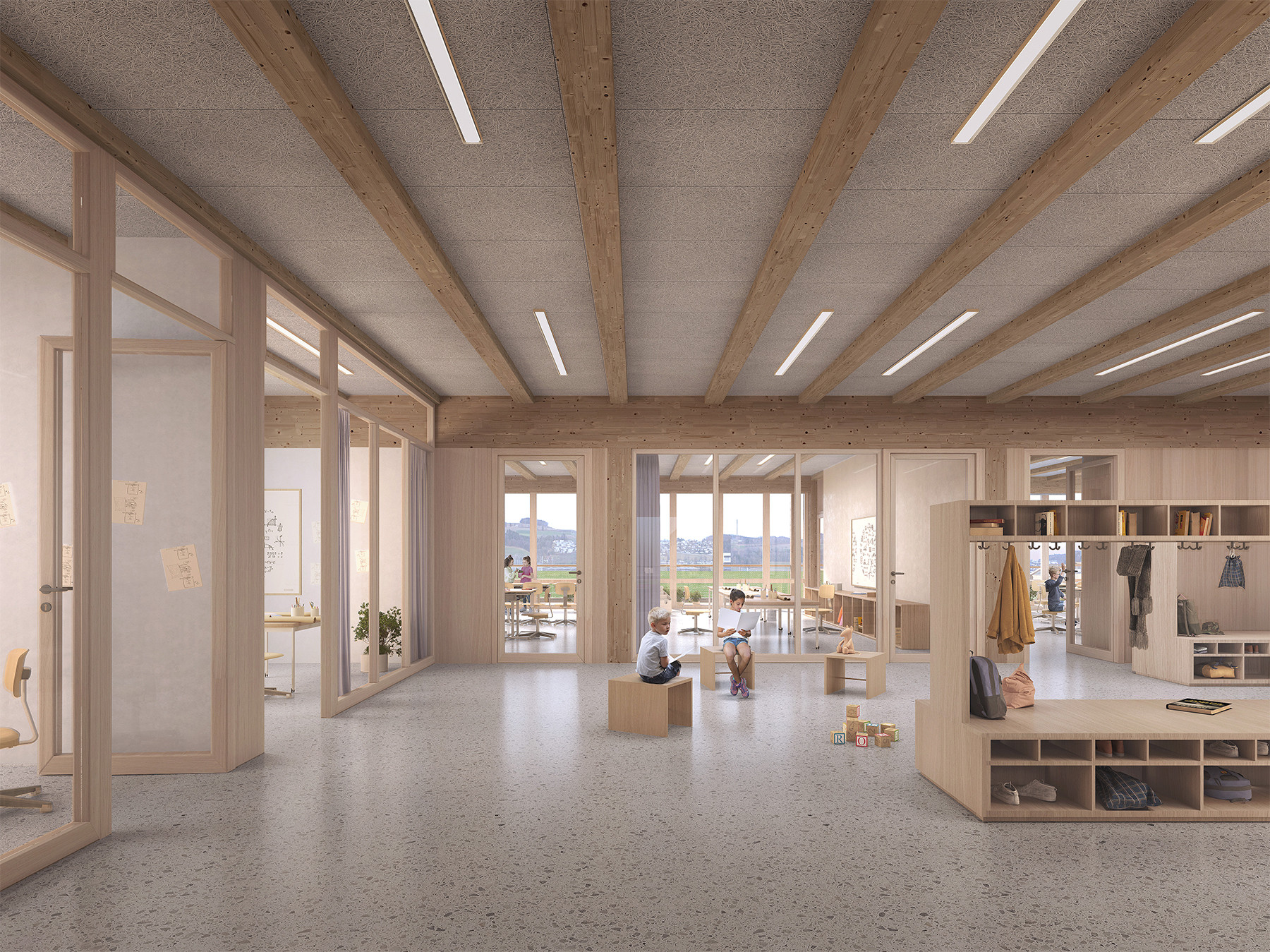 Innenansicht eines Lernbereichs im Erdgeschoss des Schulhauses St. Martin mit Holzdecken, Sichtbezügen und Tageslicht