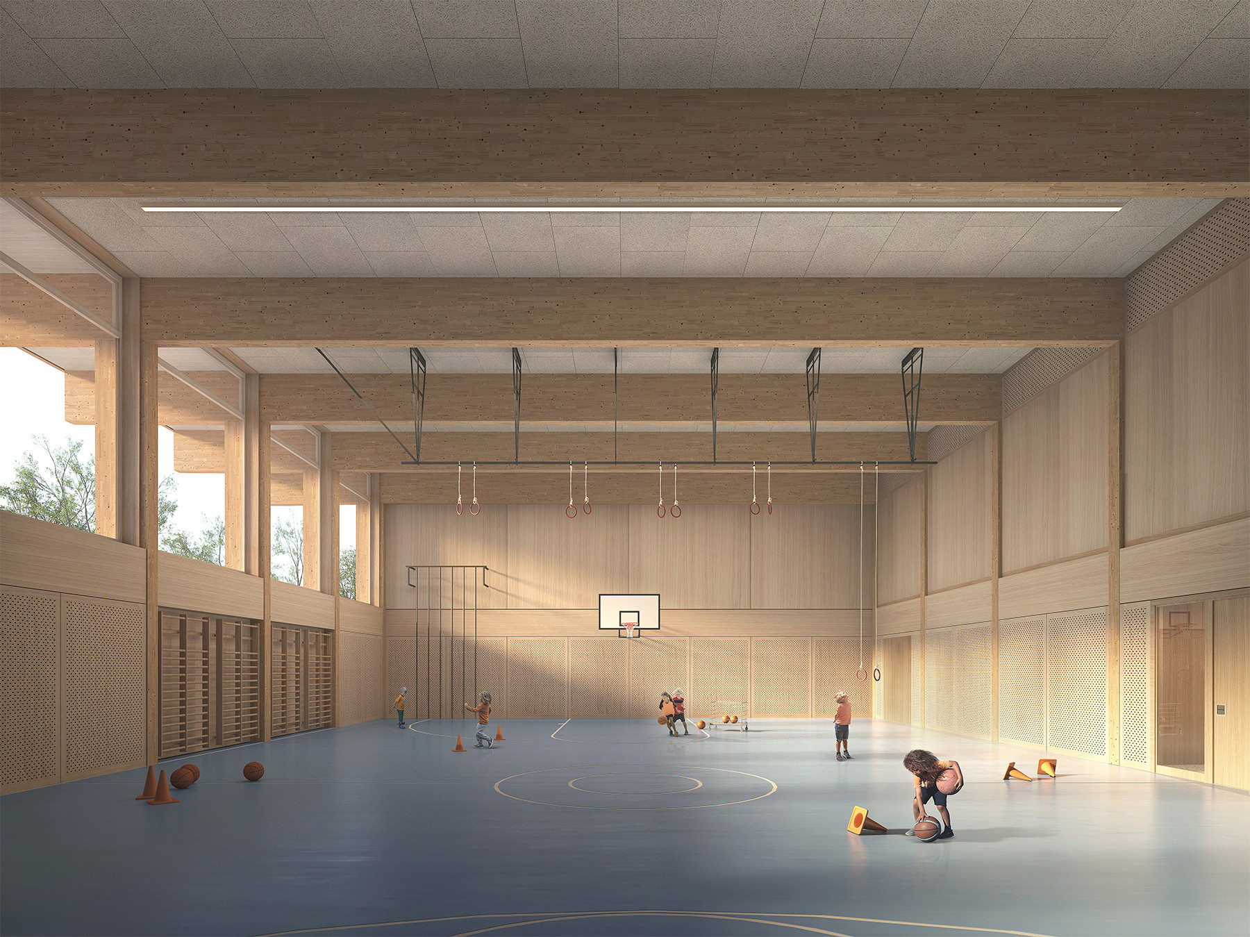 Turnhalle im Mehrzweckgebäude der Primarschule St. Martin mit Holzverkleidung, natürlichem Lichteinfall und Spielbetrieb