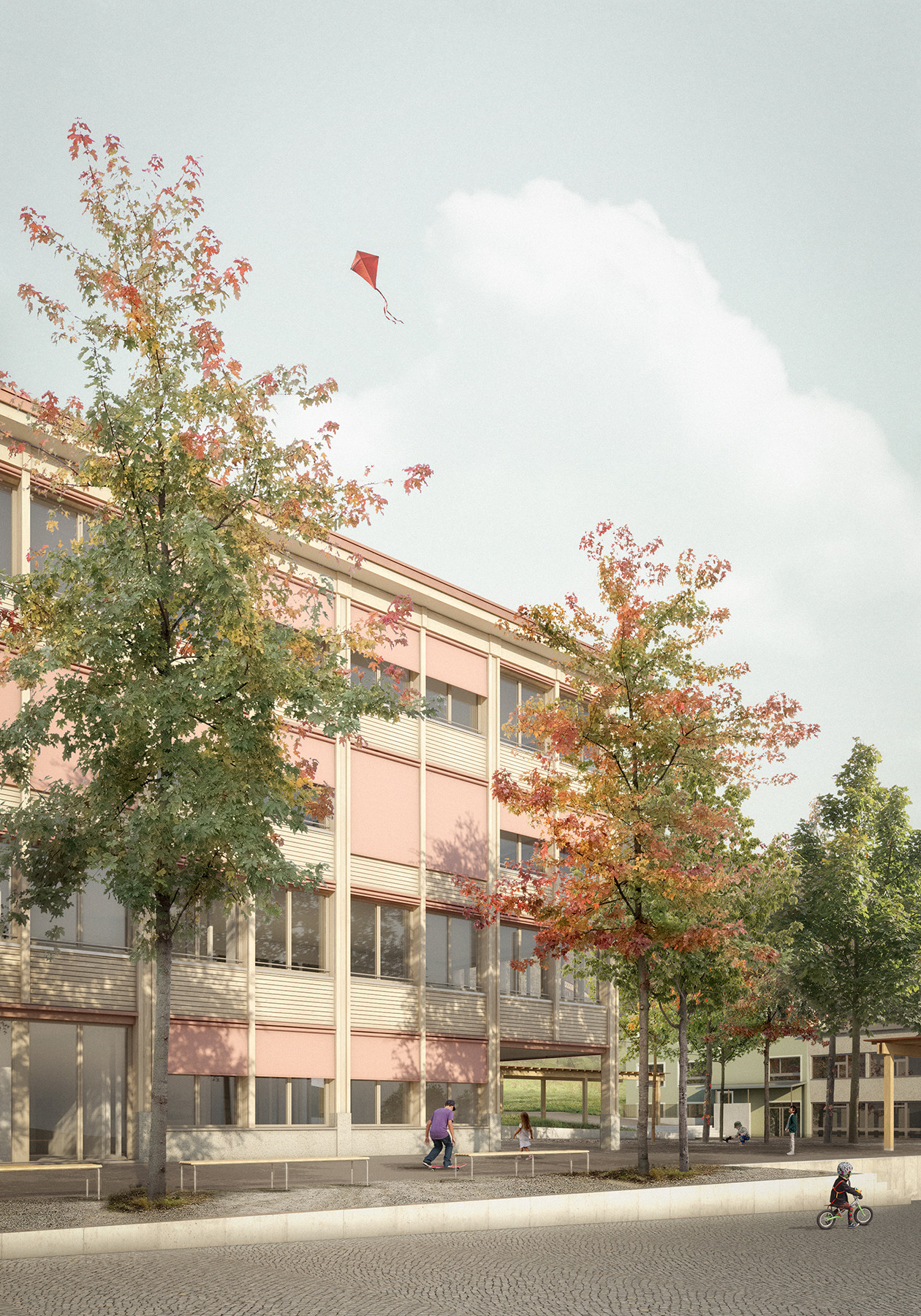 Visualisierung des Haupteingangs der neuen Schulanlage Hofacker in Triengen mit vorgelagerter Baumallee und Platzsituation