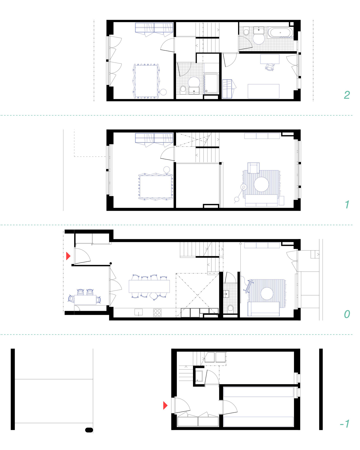 Grundrisse der Reihenhäuser Hofbachweg in Oberkirch mit Split-Level-Konzept, offenen Wohnbereichen und vielfältigen Familiengrundrissen von Kunz Architekten / kunzarchitekten Sursee