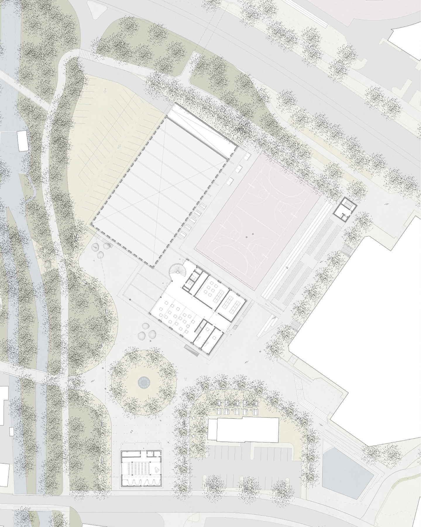 Situationsplan der Schulanlage Zirkusplatz in Sursee mit Neubau, Stadthalle und umgebender Freiraumgestaltung.
