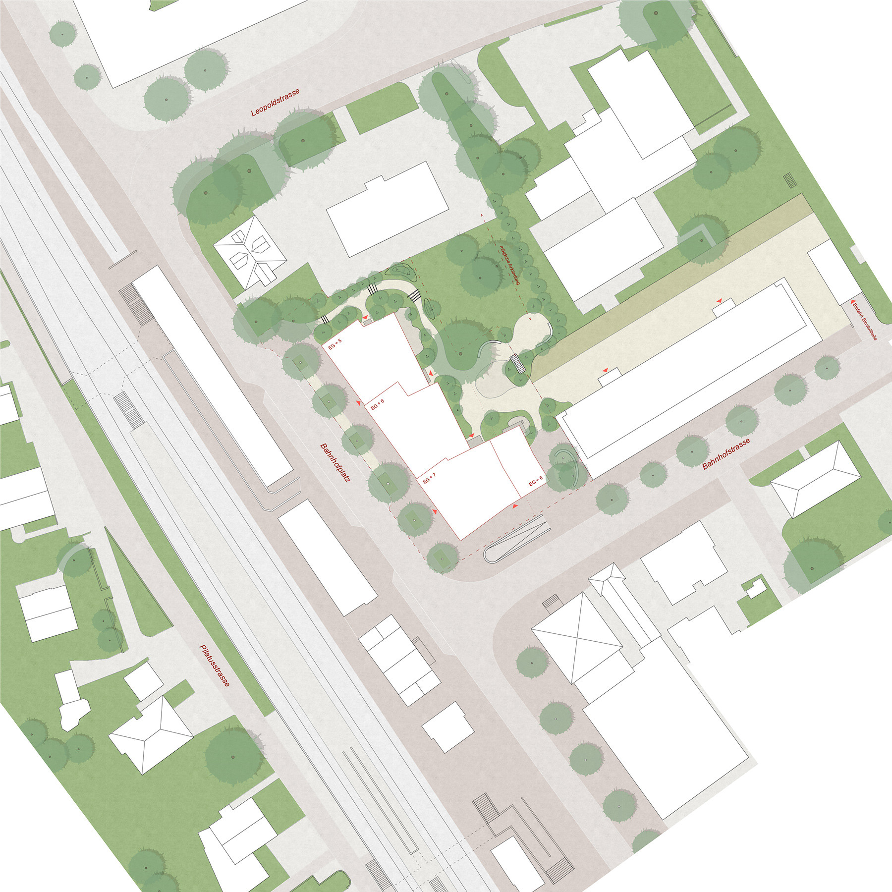 Situationsplan des Projektbeitrags von kunzarchitekten ag im Studienauftrag Bahnhofplatz Sursee, mit Baukörper, Hofgestaltung, Bäumen und Spielflächen.