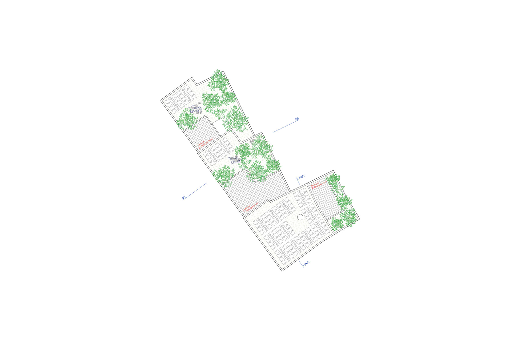 Aufsicht der begrünten Dachflächen mit ökologischen Kleinstrukturen und PV-Anlagen, Teil des Studienauftrags Bahnhofplatz Sursee.