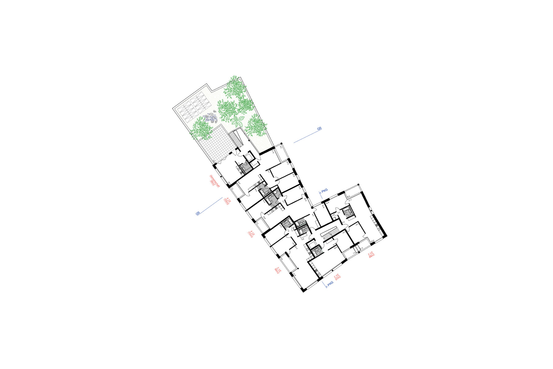 Grundriss eines Obergeschosses mit Zugang zu grosszügiger Dachterrasse und gemeinschaftlich nutzbaren Aussenbereichen.