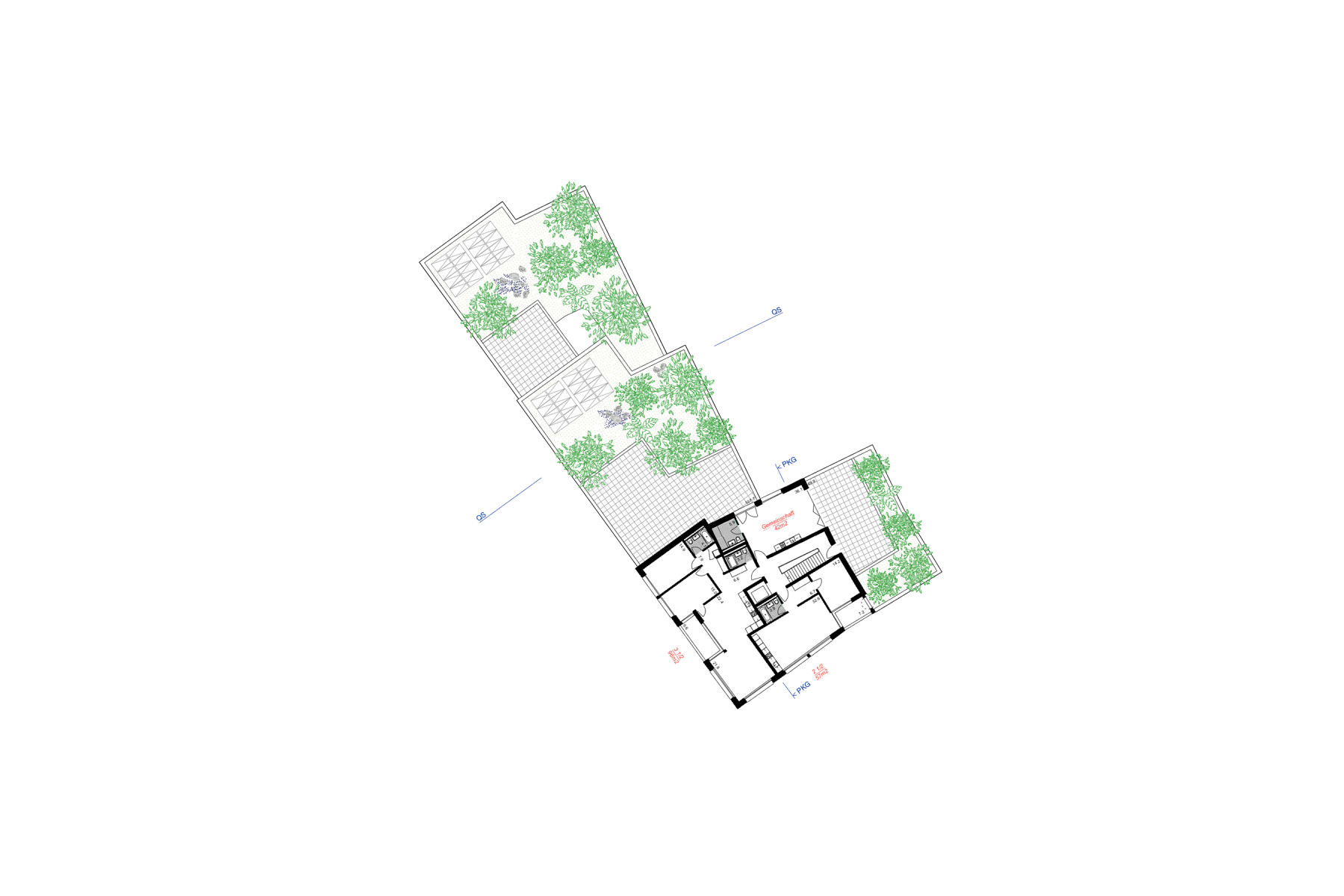 Grundriss des Attikageschosses mit mehreren intensiv begrünten Dachflächen und Photovoltaikmodulen.