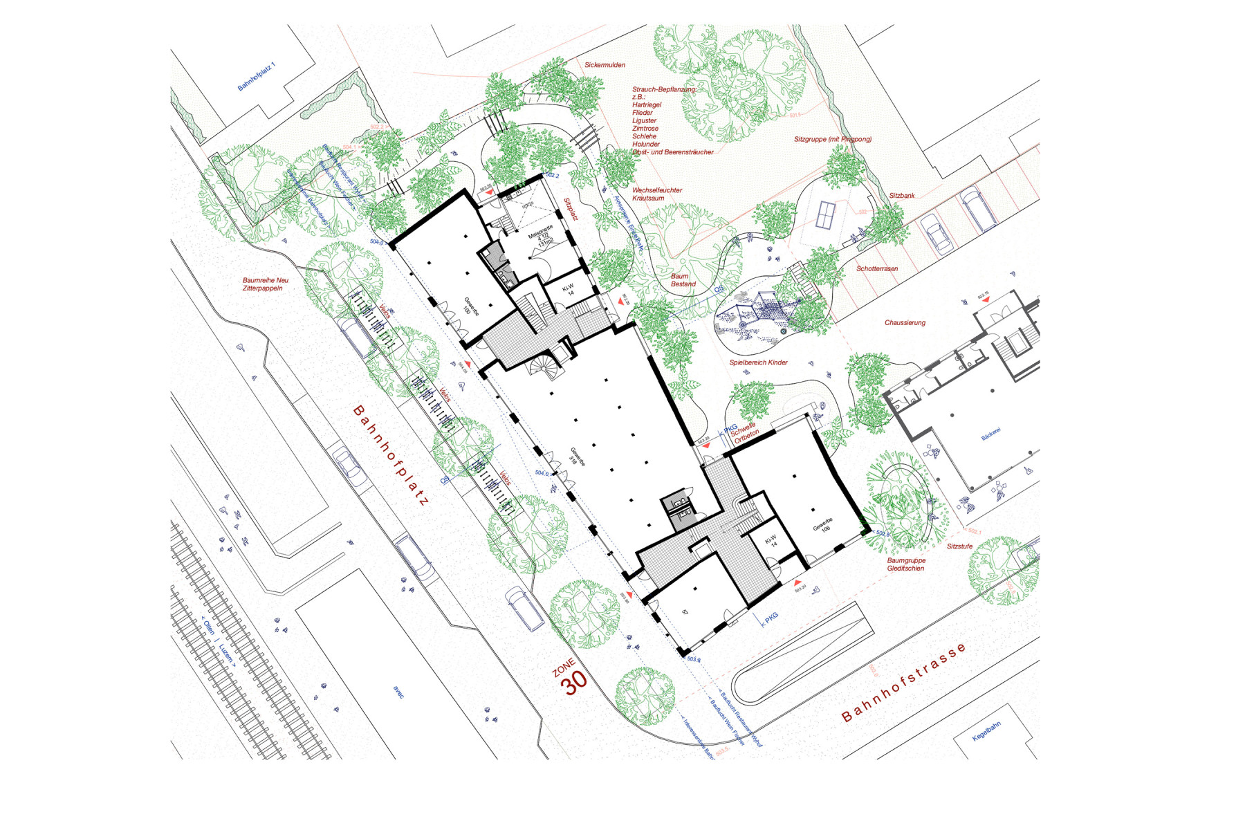 Erdgeschossplan mit Dienstleistungsflächen, Baumreihen, Ruderalpflanzungen und geschütztem Hofraum, Studienauftrag Bahnhofplatz Sursee.