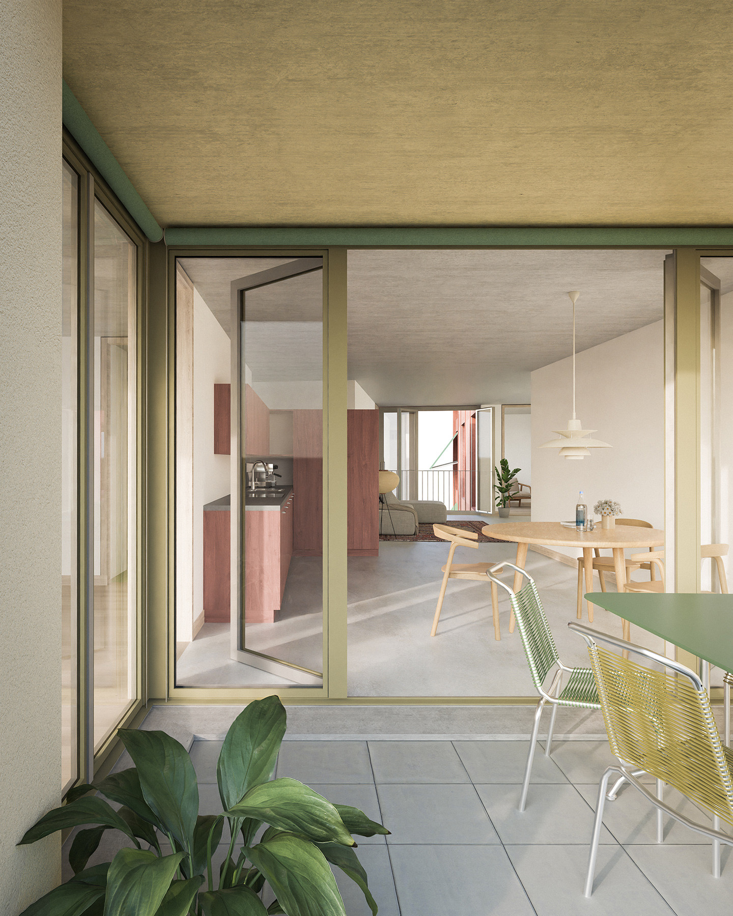 Innenvisualisierung mit Blick von der Loggia in den offenen Wohn-, Ess- und Kochbereich, warmen Materialien und grossen Fensteröffnungen.