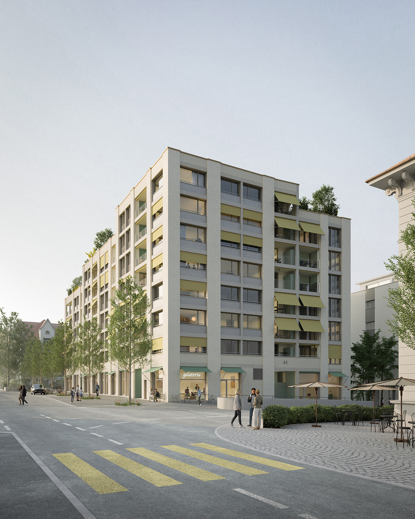 Perspektive der strassenseitigen Fassade mit Klinkerpfeilern, lebhaften Farbakzenten und begrünten Dachterrassen, Studienauftrag Bahnhofplatz Sursee.