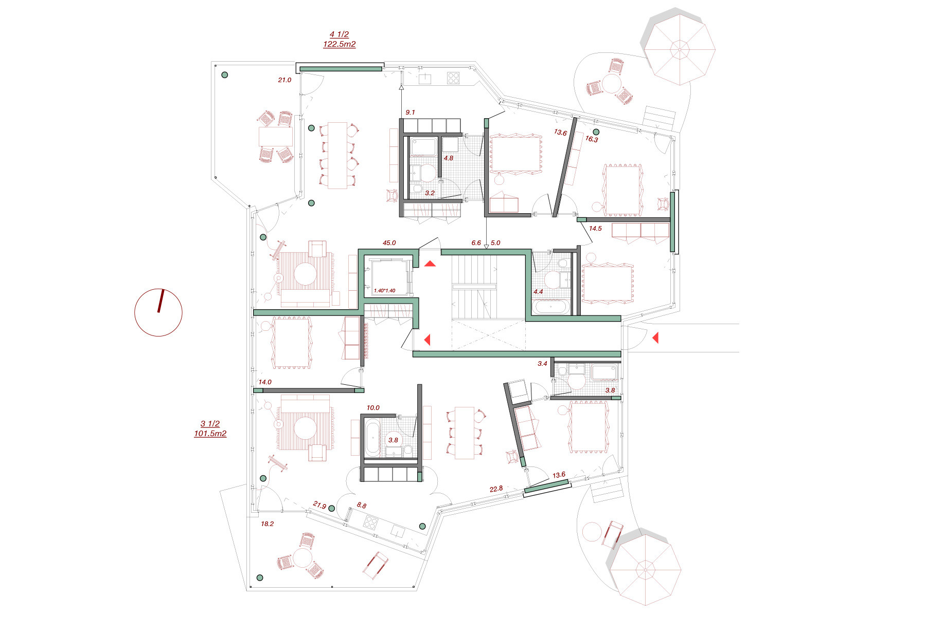 Wohnüberbauung Oberer Rebberg Zofingen – Möblierter Grundriss eines Regelgeschosses der Mehrfamilienhäuser – nachhaltige Architektur von Kunz Architekten / kunzarchitekten Sursee
