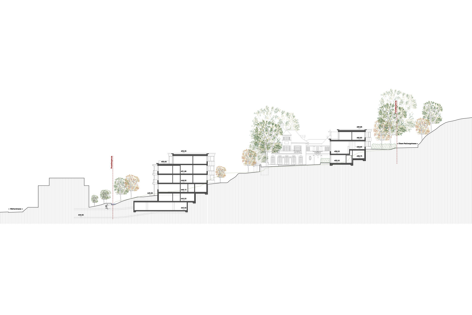 Wohnüberbauung Oberer Rebberg Zofingen – Geländeschnitt der terrassierten Mehrfamilienhäuser am Hang, begrünten Freiräume und harmonischer Einbettung in die Landschaft – nachhaltige Architektur von Kunz Architekten / kunzarchitekten Sursee