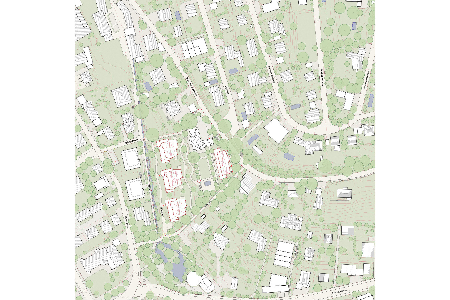 Wohnüberbauung Oberer Rebberg Zofingen – Situationsplan mit Mehrfamilienhäuser, Villa Ringier und Reihenhaustypologie, begrünten Freiräume und harmonischer Einbettung in die Landschaft – nachhaltige Architektur von Kunz Architekten / kunzarchitekten Sursee