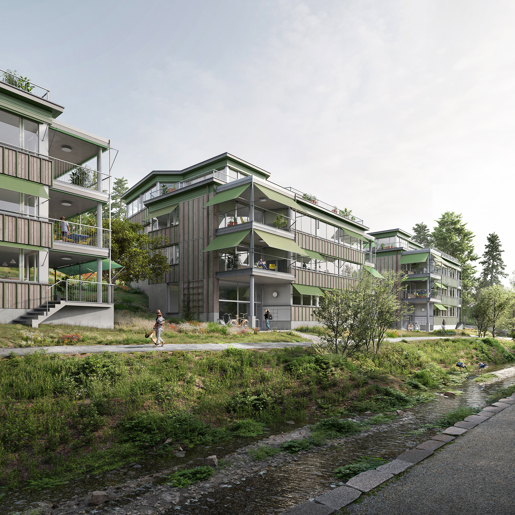 Wohnüberbauung Oberer Rebberg Zofingen mit Balkonen, grünen Fassaden und Bachlauf – nachhaltige Architektur von Kunz Architekten / kunzarchitekten Sursee
