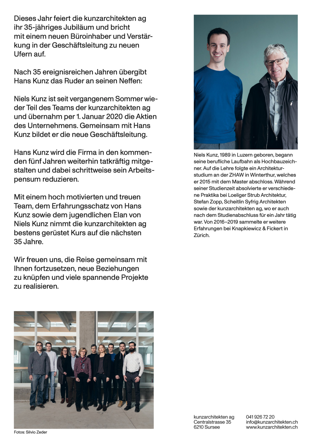 Generationenwechsel der kunzarchitekten ag Sursee: Niels Kunz als neuer Inhaber und Geschäftsführer.