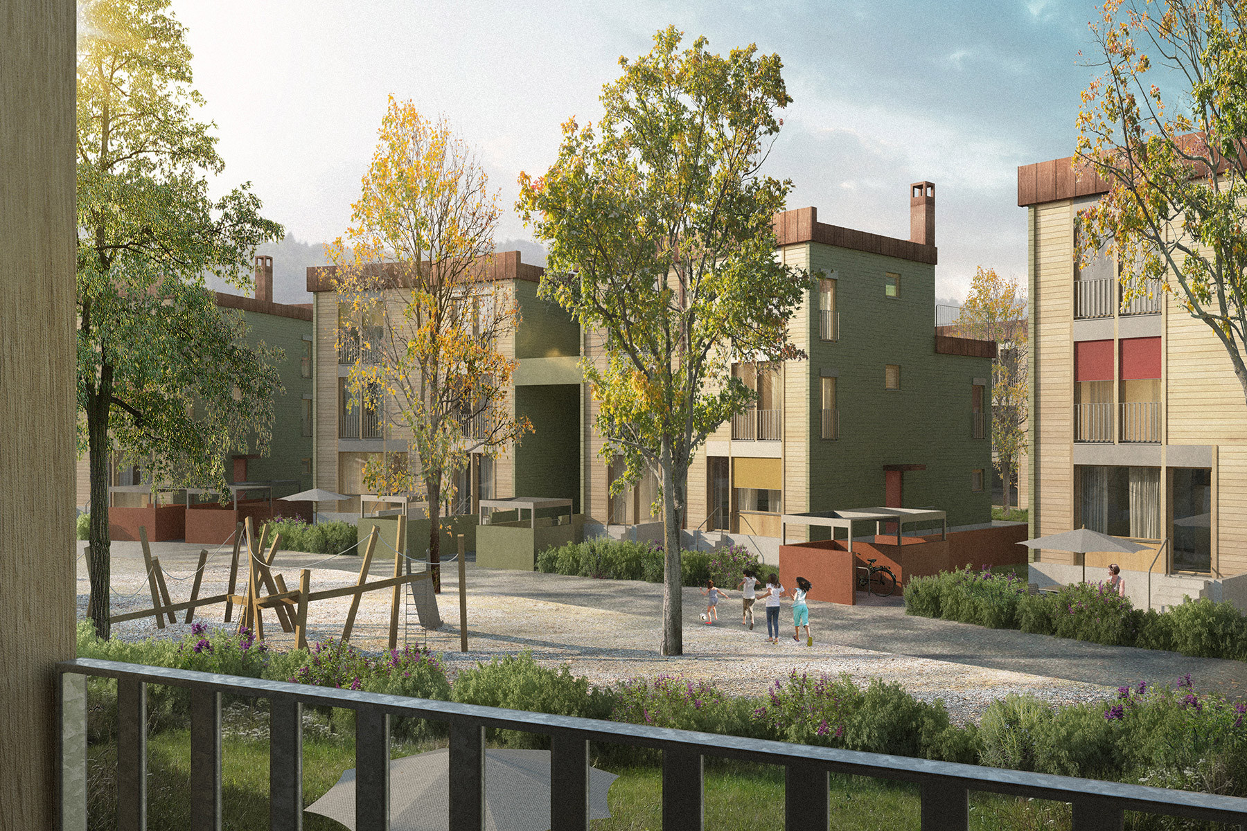 Visualisierung des Studienauftrags Schwyzermatt in Willisau mit grosszügig begrünter Siedlungsmitte und Querbezügen durch Gassen zwischen den Reihenhäusern.