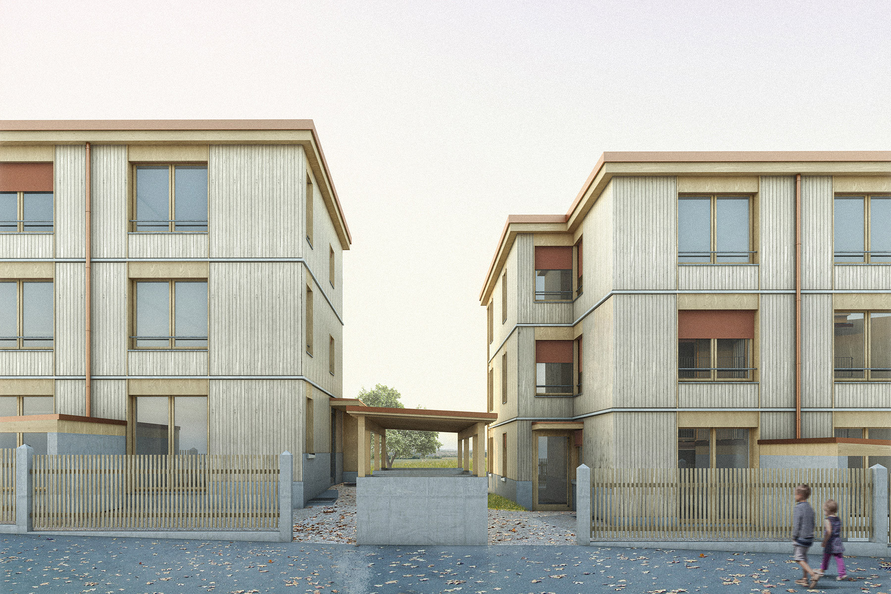 Ostfassade der Wohnüberbauung Schwyzermatt in Willisau mit Eingangssituation, Velounterstand im Vordergrund und vorgelagerten Küchengärten.